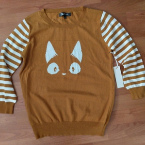 YEMAK Women's Kitty Cat Face 3/4 Sleeve‎ Casual Crewneck Pullover Sweater
